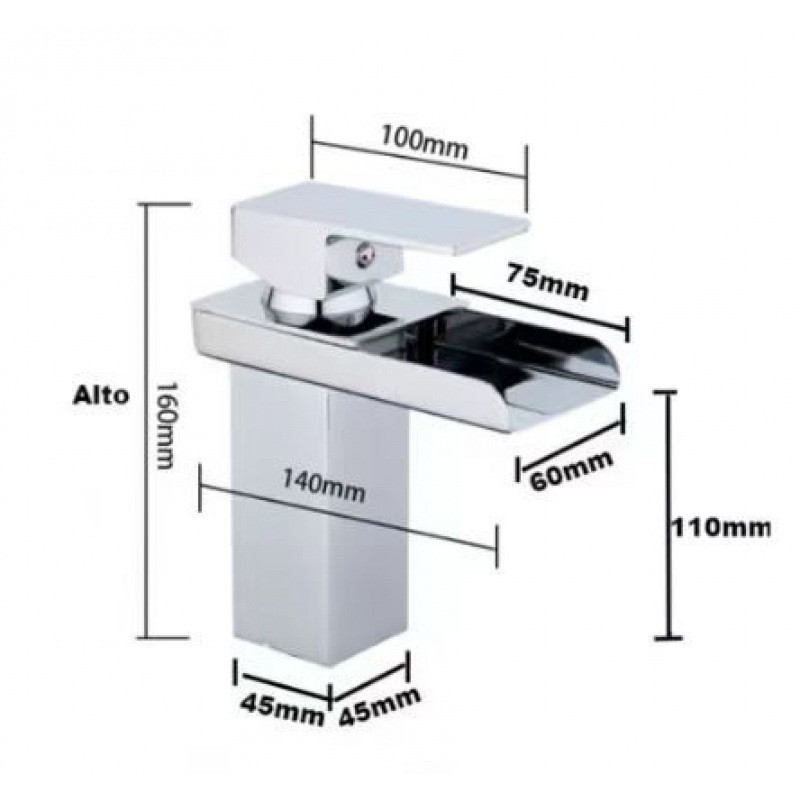 Grifo de Caño Ancho Tipo Cascada de Acero Inoxidable Mezclador de Agua Fría y Caliente para Lavabo