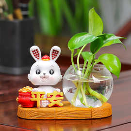 新款摇头兔年吉祥物水培绿植物瓶养绿萝花瓶器客厅桌面小摆设鱼缸