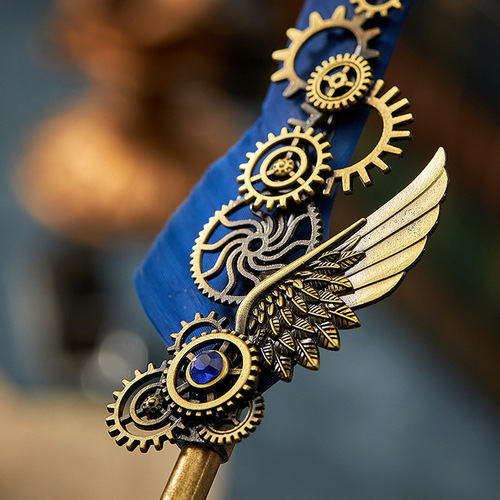 Blue Peacock Mechanical Punk Wings Fountain Pen Dip Pen Ink Advertising Gift Pen Quill Set