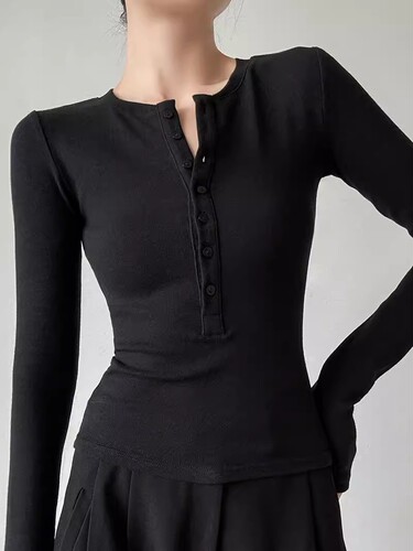 Hot girl sexy half-open collar long-sleeved right shoulder tight top women's autumn and winter figure-showing bottoming shirt slim T-shirt