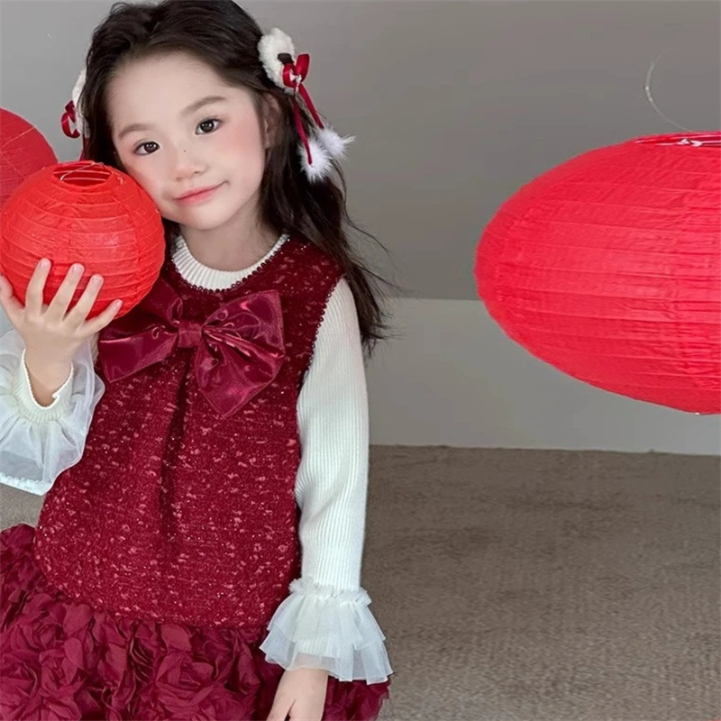 Jubileo vestido de la princesa de las niñas, vestido de aniversario, nuevo chaleco de invierno de mujeres, vestido de lana, vestido de Año Nuevo rojo