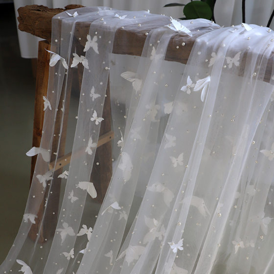 White Stereo Butterfly Veil Fabric Wedding Dress Heavy Pearl Mesh Fabric Oversized Wedding Dress Tail Soft Gauze