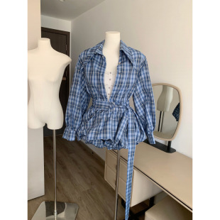 塞納夏季新款復古風時尚格子襯衫上衣女氣質收腰顯瘦蓬蓬裙兩件套