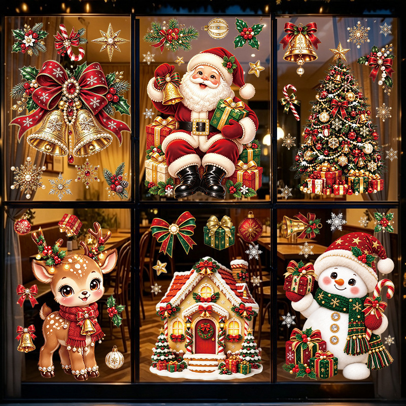 Cross-Border Christmas Electrostatic Pvc Glass Stickers with Snowflakes, Santa Claus, Bells, and Reindeer for Window Holiday Atmosphere Decoration