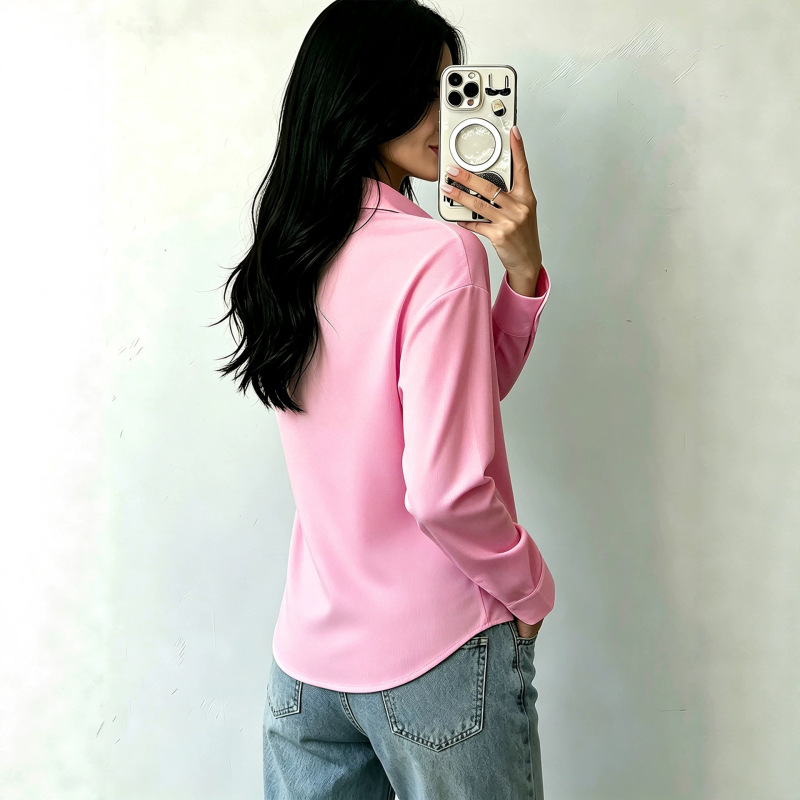 New European and American style women's long-sleeved shirt with a stylish collar, elegant and chic, thin and lightweight, solid color, versatile for autumn, women's clothing New European and American style women's long-sleeved shirt with a stylish collar, elegant and chic, thin and lightweight, solid color, versatile for autumn, women's clothing