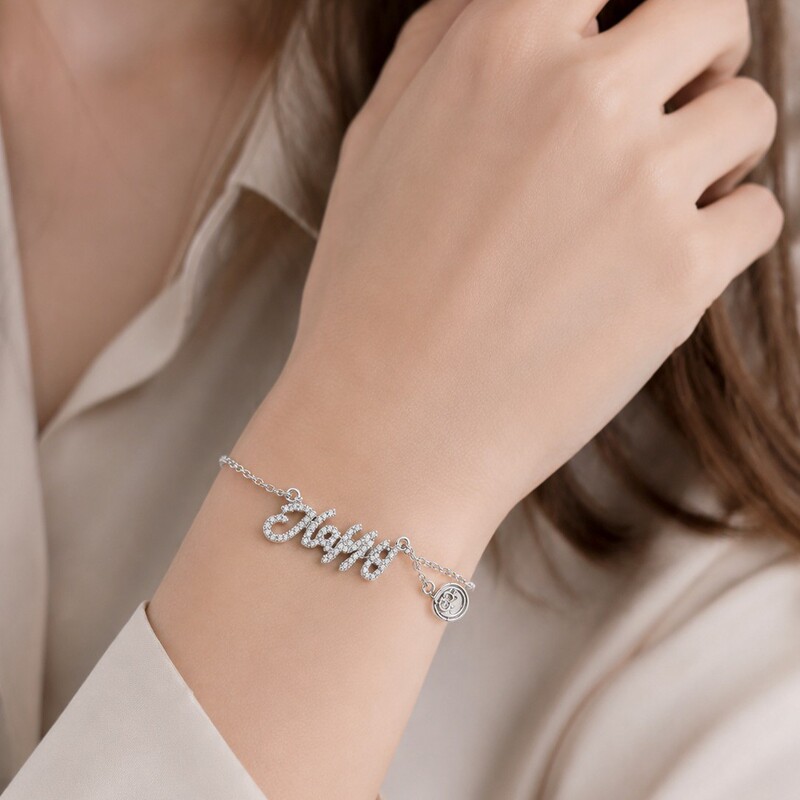 Copper alloy silver-plated letter full-diamond bracelet, light luxury handwritten style, zircon-inlaid fine chain bracelet, niche stylish accessory