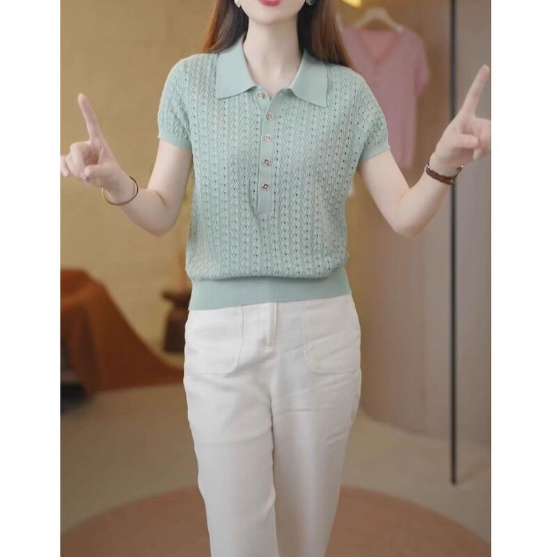 Hollow-Out Lapel Pink Knit Shirt for Women, 2026 Summer New Short-Sleeve T-Shirt, Stylish and Age-Reducing, Versatile Ice Silk Top
