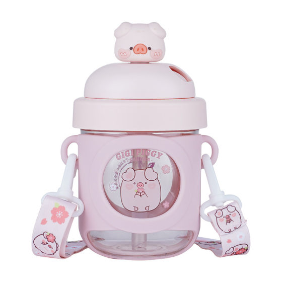 Tritan Children's Cartoon Water Cup for Girls and Students Portable Pig Water Cup with Strap Small Capacity Cute Suction Cup