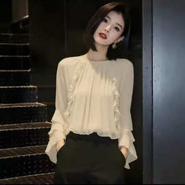 法式温柔风荷叶边设计感长袖衬衫女新款秋季漂亮绝美上衣