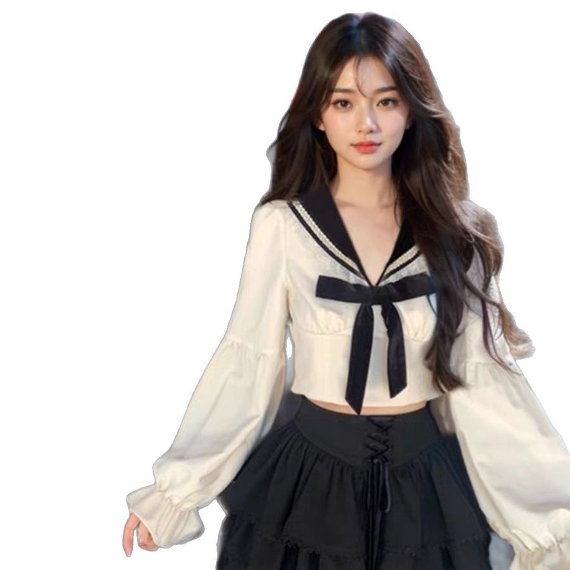 甜美学院风套装女jk制服长袖衬衫海军领设计感蝴蝶结短款两件套女|undefined