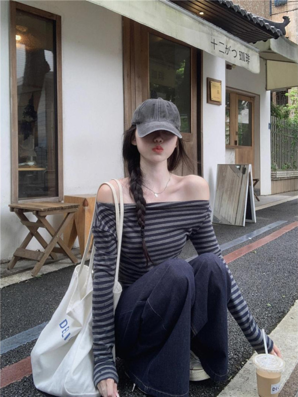 一字肩条纹长袖T恤女2025秋季新款复古松驰感短款收腰小众上衣ins|undefined