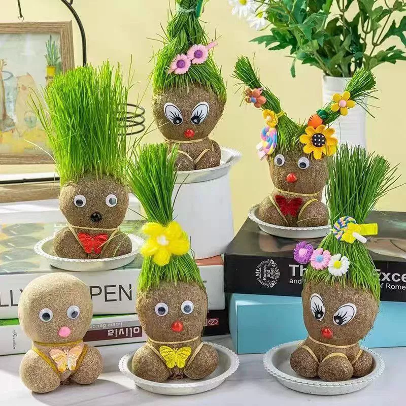 Цветущая травяная кукла, голова из травы, горшок, настольное украшение для детей TikTok, растение для внутреннего балкона в том же стиле Yisheng