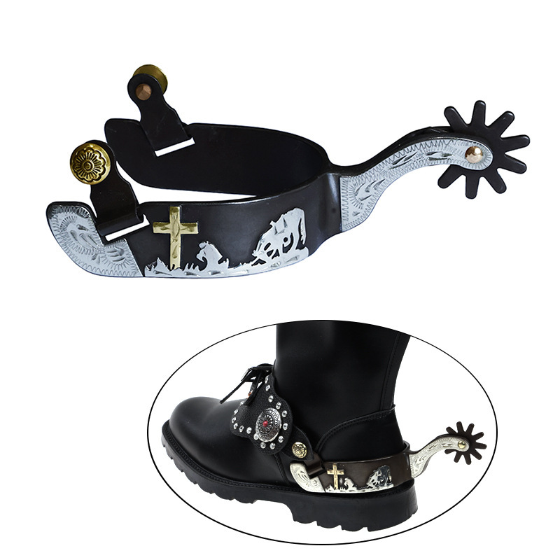 Iron Hair Black Western Spurs with White Copper Decorative Plate Hand Carved for Men [Sp5122]