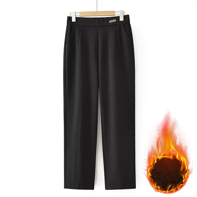 中老年女装冬季直筒裤子纯色松紧腰大码妈妈装加绒休闲小脚裤子