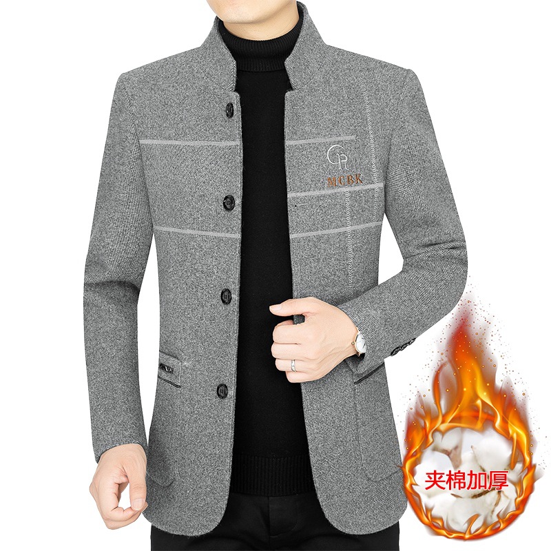 Chaqueta de lana gruesa para hombres de mediana edad, otoño e invierno 2025, cuello alto, estilo casual de negocios, abrigo de lana para papá