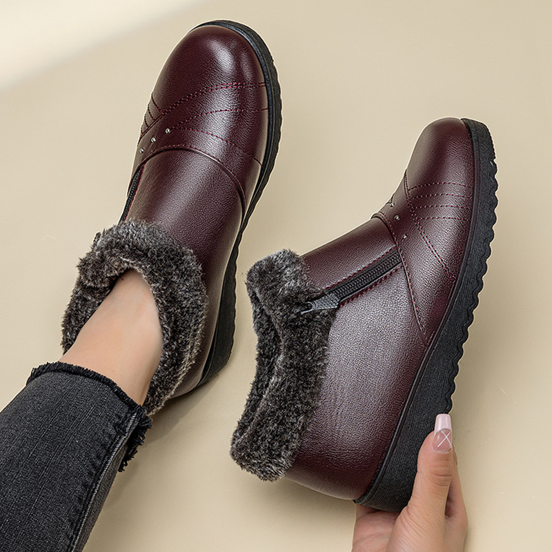 Winter cotton shoes women middle-aged and elderly mother shoes fleece-lined warm cotton short boots women's shoes flat heel non-slip cotton leather shoes snow boots