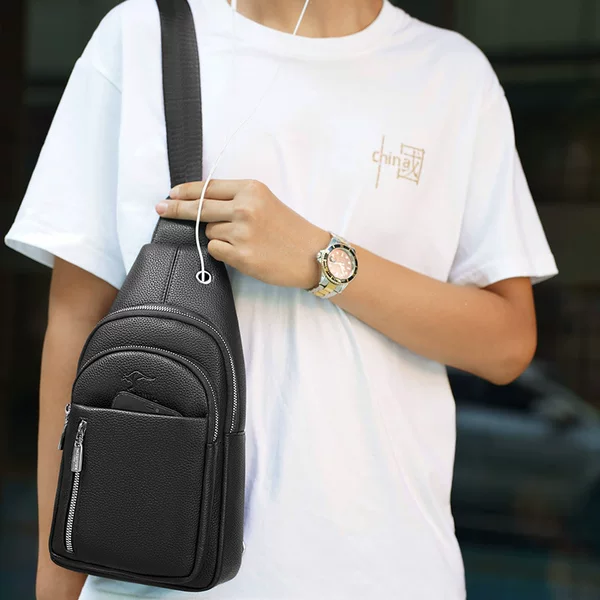 Multi-Pocket Leather Crossbody Bag for Commuting, Durable, Large Capacity, Single Shoulder Backpack, Chest Bag for Men, High-End Feel