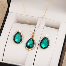 欧美新款百搭镶钻多色玻璃项链耳环三件套经典水滴水晶首饰品套装