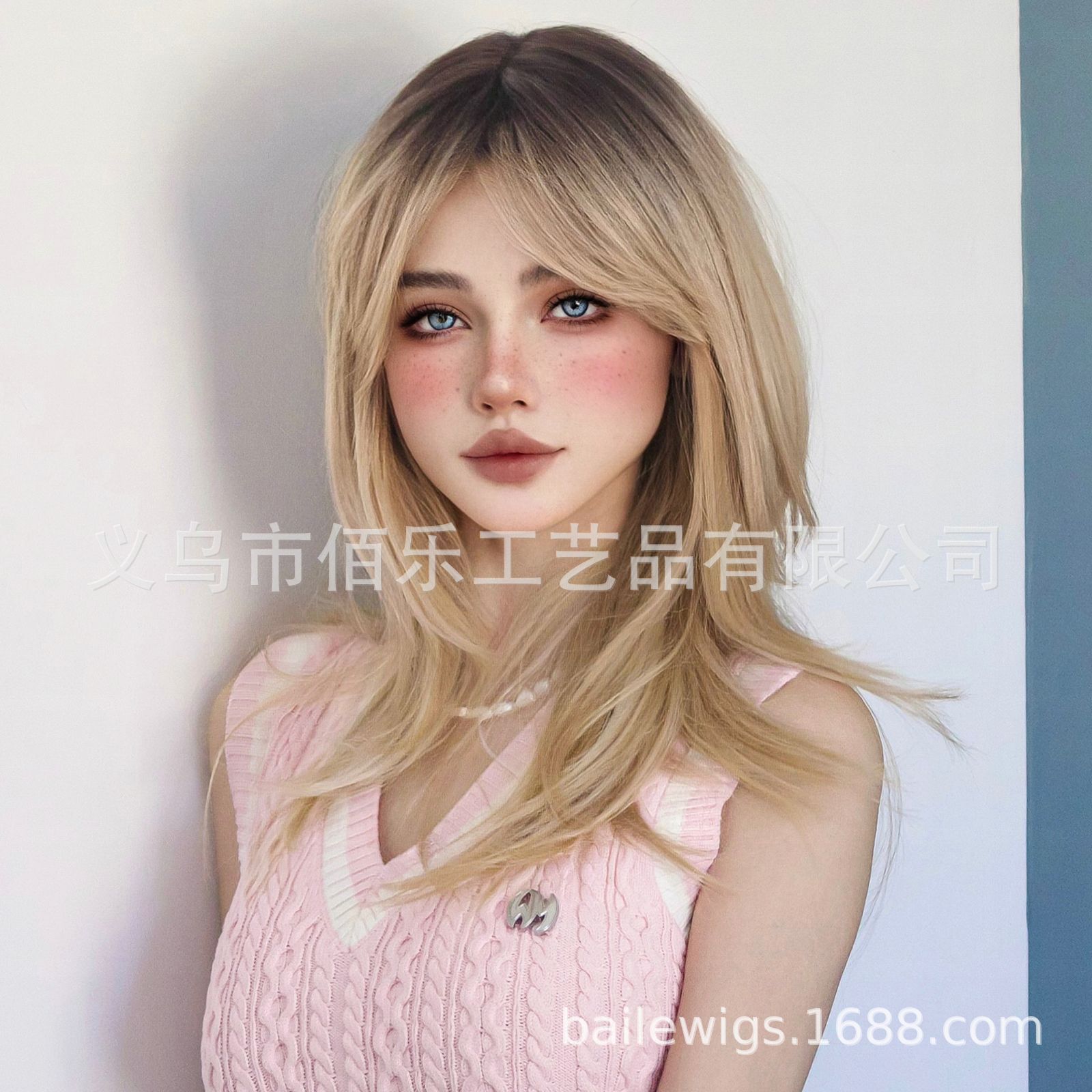Estilo japonés y coreano Peluca de fibra química cubierta de la cabeza completa de ocho palabras Bangs Marrón Gradiente natural largo cabello liso cabello sintético