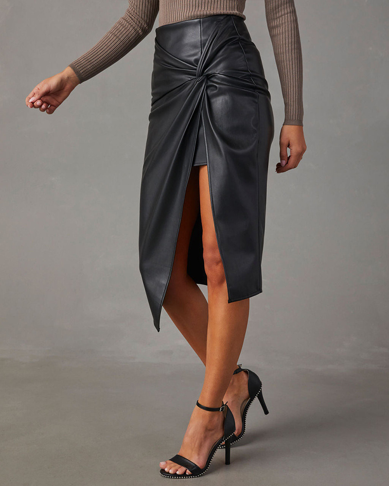 Autumn Sexy Solid Color Pu Polyester Midi Dress Skirts display picture 3