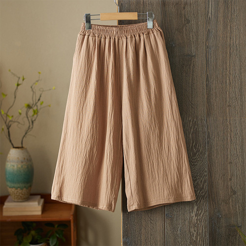 Summer 2025 Cotton Linen Wide Leg Pants Loose High-Waist Literary Simple Solid Color Seven-Foot Retro Elegant Versatile Casual Pants