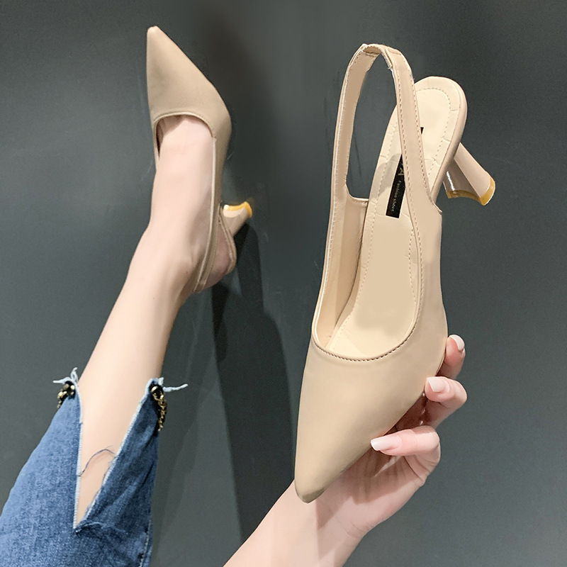 Baotou Nude Back Empty Shoes 2025 Summer New Style French Pointed Toe Buckle Sandals Women's Simple High Heels