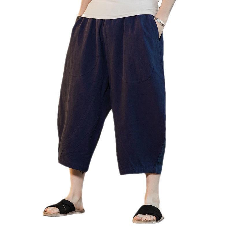Pantalones cortos, pantalones cortos para hombre, pantalones de estilo chino, pantalones finos de lino de verano, pantalones anchos sueltos de algodón y lino, pantalones casuales de 7 puntos