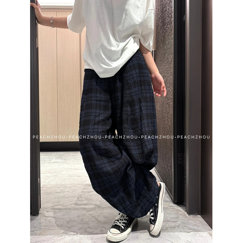 3590# 『PEACHZHOU』复古英伦撞色格纹宽松系扣休闲裤弯刀长裤|undefined