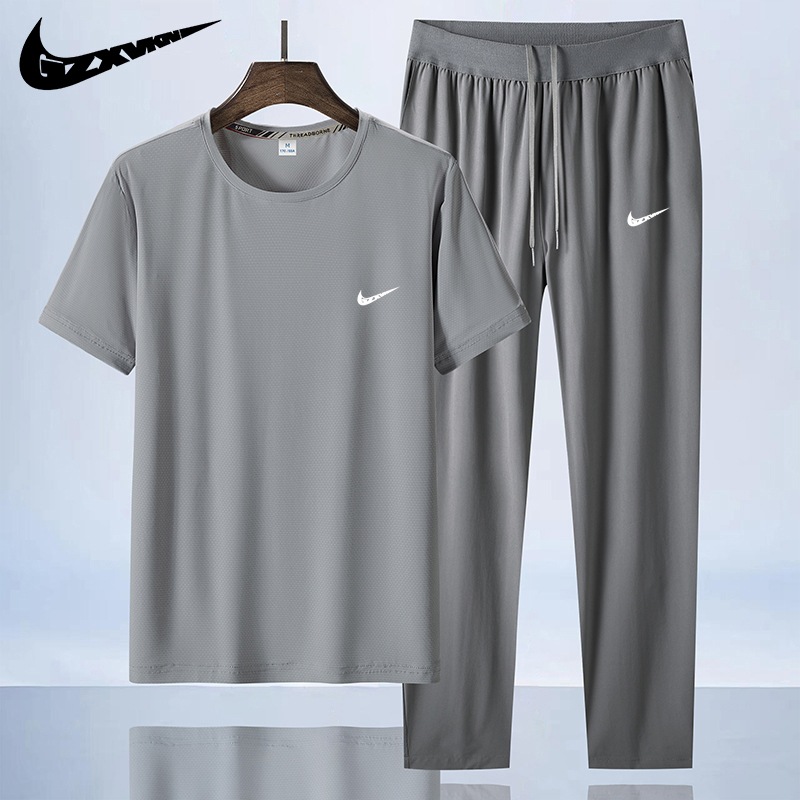 2024潮流夏季运动休闲套装男士冰丝短袖长裤跑步健身篮球服两件套