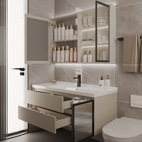 Cream style bathroom cabinet combination, milk coffee color washbasin sensor light, main cabinet washbasin, Meijia Bathroom 3010