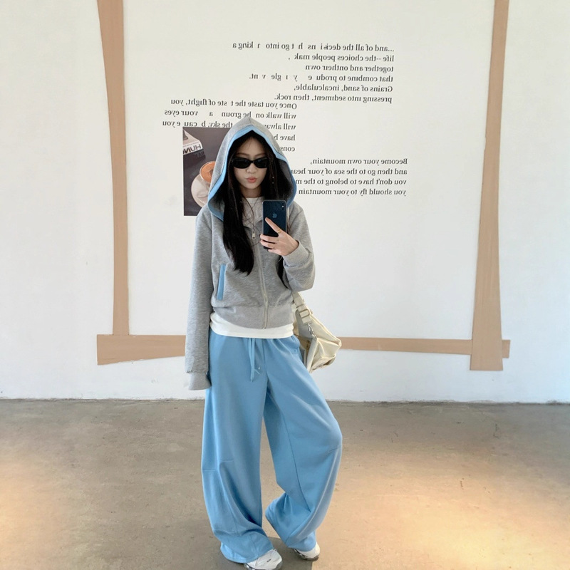 韩系运动风撞色连帽宽松长袖卫衣外套阔腿裤女2025秋季时尚套装潮|undefined