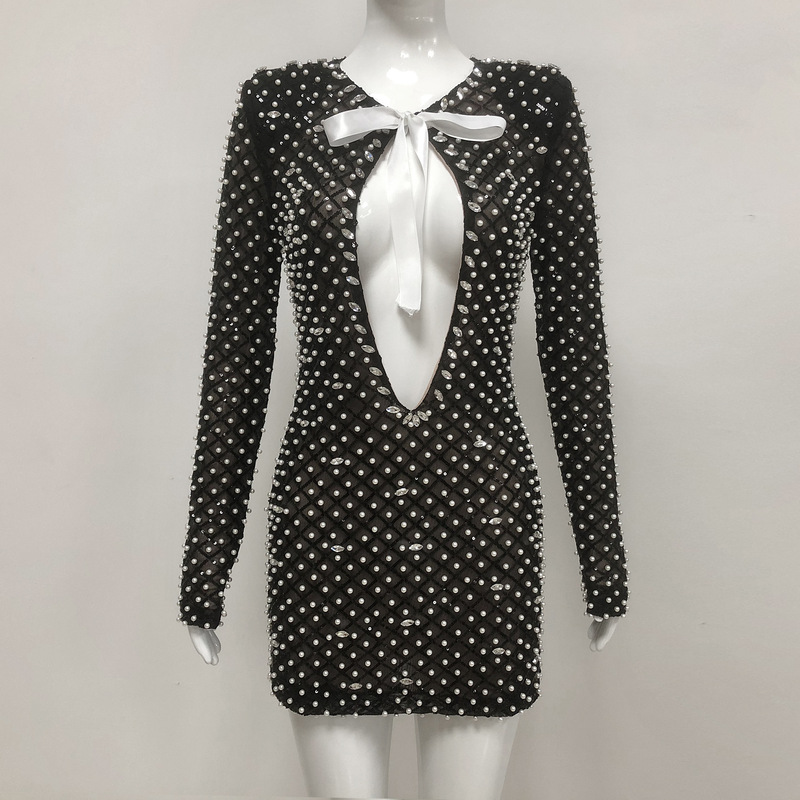 2025 Explosions Autumn and Winter Long Sleeve Bandage dress European and American Fashion Nail Beads Rhinestone Deep V Party Evening Dress