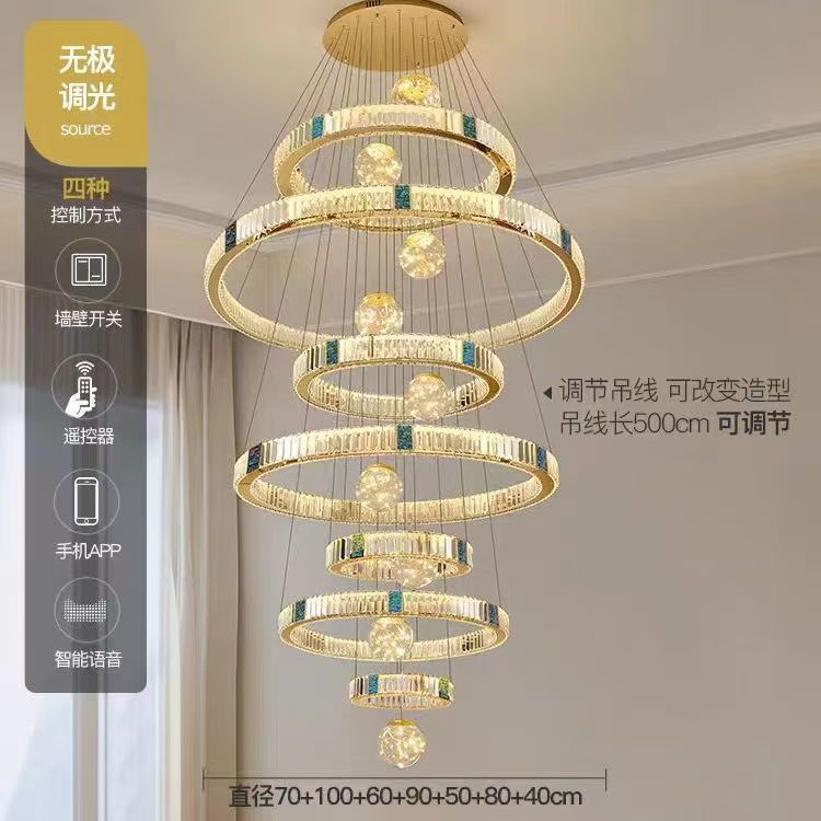 リビングルームの大型シャンデリア、モダンでシンプルな中空多層階段照明器具、二階建てのヴィラクリスタルシャンデリア|undefined