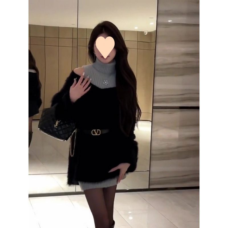 블랙 밍크 양털 게으른 스웨터 겨울 새로운 도착 작은 느슨한 스웨터 원피스 쌓인 투피스 세트