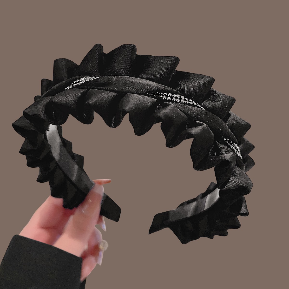 Black satin pleated lace with diamonds