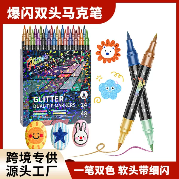 Cross-Border Dual-Head Dual-Color Glitter Acrylic Marker Pen with Soft Tip for Painting, Glitter Pen for Gifts, Greeting Cards, Journaling, and Doodling