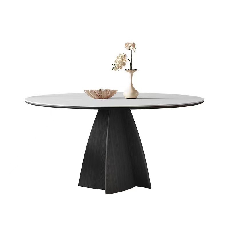 Mesa de comedor de madera maciza francesa doméstica negra minimalista redonda con mesa giratoria italiana moderna simple blanco puro retro tablero de roca redonda