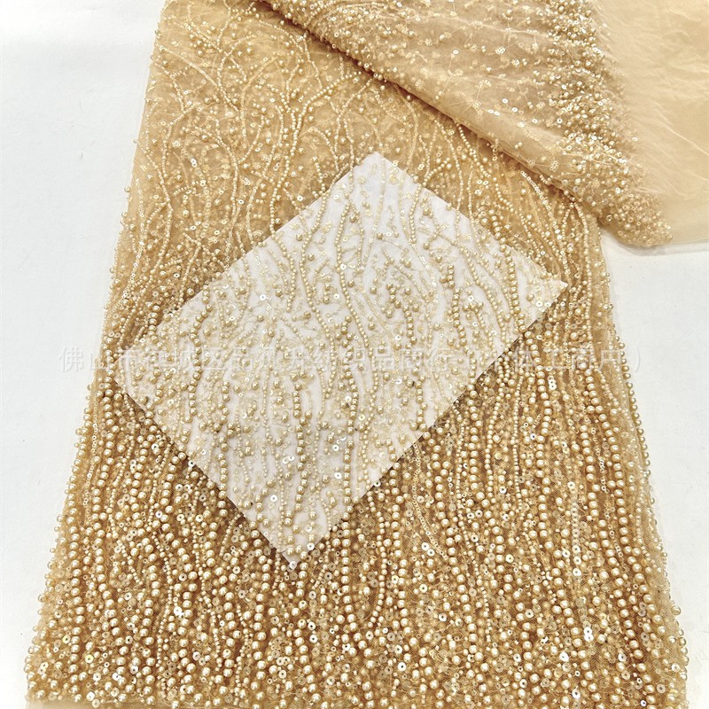 Tejido de bordado de malla de alta fijación vestido de boda tela de moda tamaño de perla serie de fabricantes en stock image 4