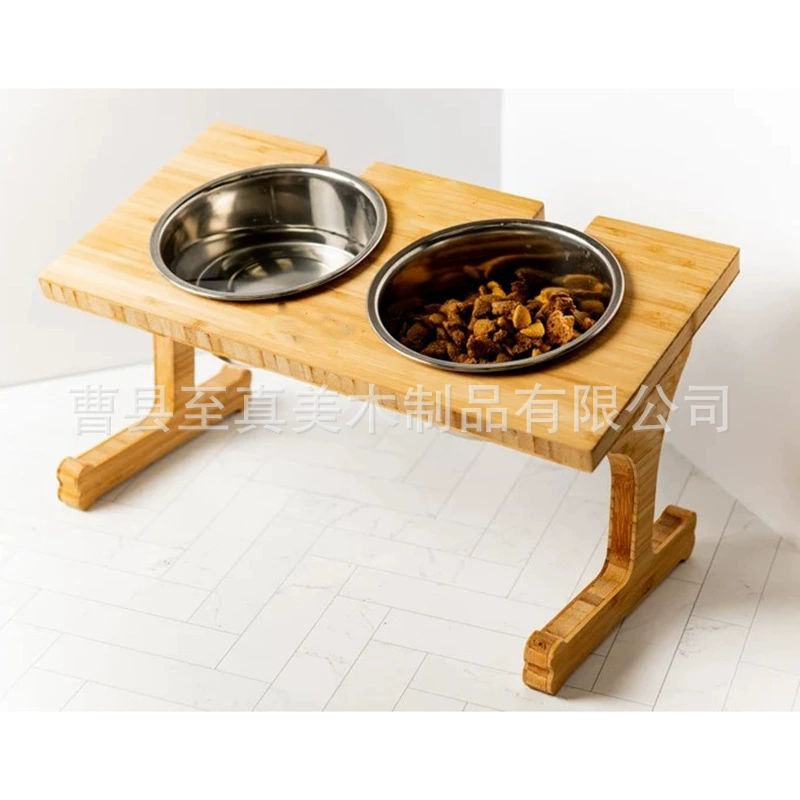 Подставка для мисок для животных из бамбука, двойная миска для собак и кошек, кормушка из бамбукового дерева, регулируемая подставка для кошачьих мисок, деревянная подставка для корма для животных