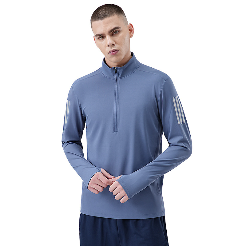 Hombre fitness ropa de alta elasticidad secado rápido mangas largas correr ropa deportiva de ciclismo entrenamiento de cuello medio cremallera camiseta
