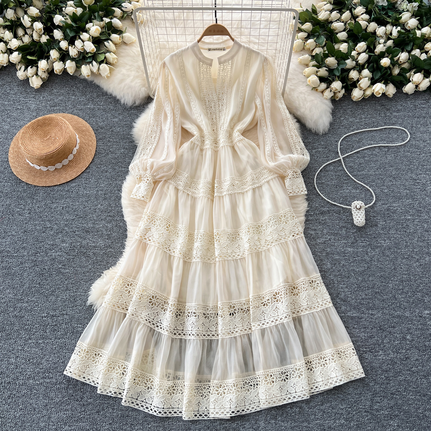 chinese dress ladies Pleated Lace Splicing Elegant Long Dress Black / S