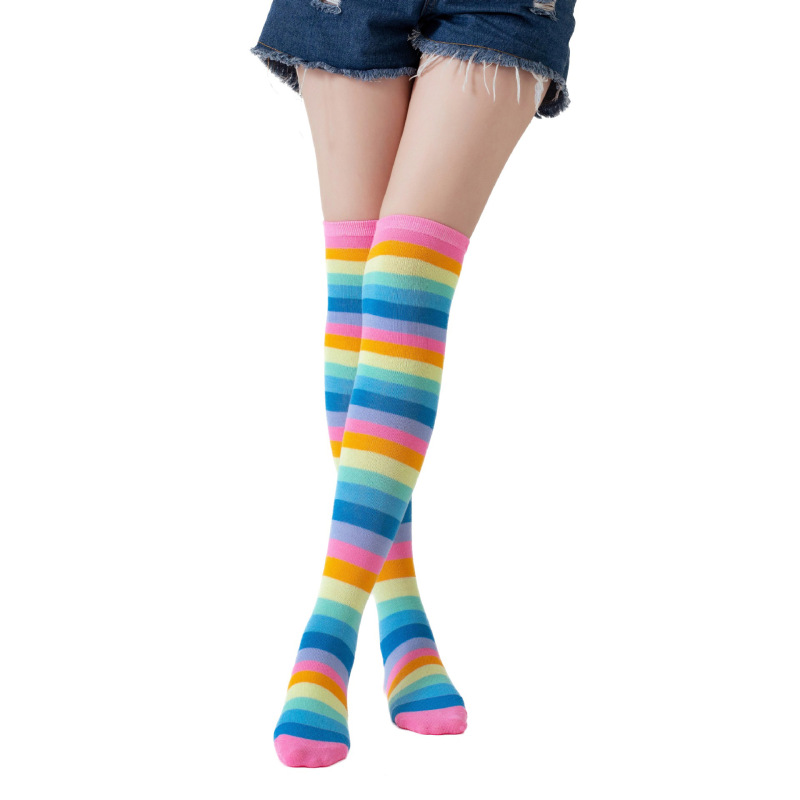 跨境彩虹条纹过膝袜手套女 动漫cosplay派对长筒袜学院风棉质JK袜|undefined