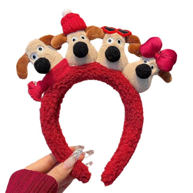 2025 otoño y invierno nuevo patrón rojo perro arco de celebración oso pequeño arco de cabeza niña adorable adornos de pelo de dibujos animados