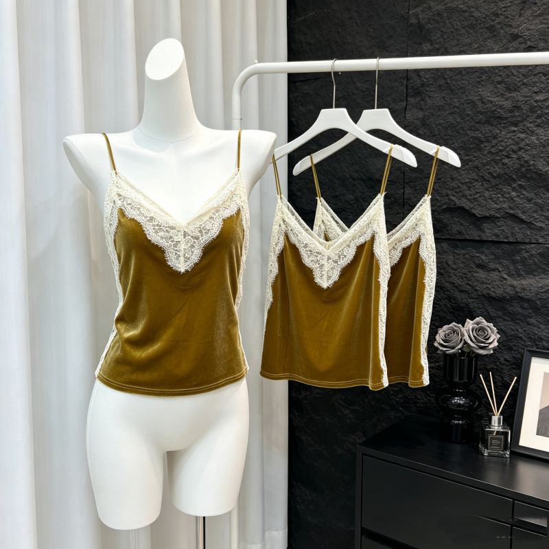 Ruoxin Autumn New Arrival: Caramel Maple Leaf/French Velvet Lace Camisole Top Ruoxin Autumn New Arrival: Caramel Maple Leaf/French Velvet Lace Camisole Top