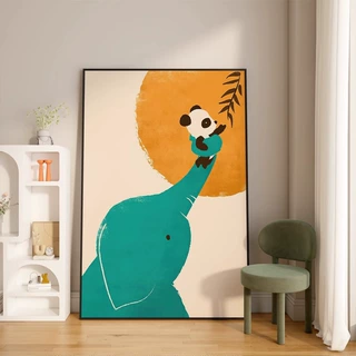 北欧治愈系儿童房熊猫大象卡通房间壁画餐厅可爱轻奢多巴胺装饰画
