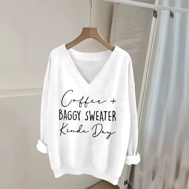 Cross-border European and American spring/autumn women's casual V-neck long-sleeve letter print sweatshirt, American-style loose pullover long-sleeve top Cross-border European and American spring/autumn women's casual V-neck long-sleeve letter print sweatshirt, American-style loose pullover long-sleeve top