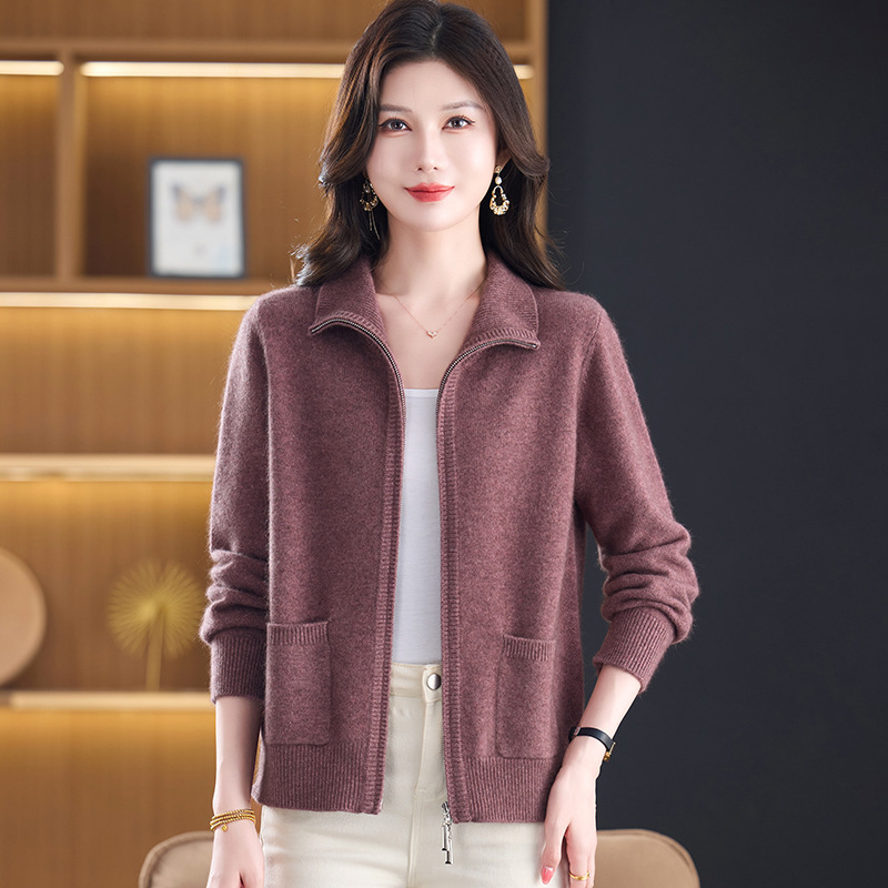 Collared Zipper Sweater Coat 100% Pure Wool Knitted Cardigan for Women, Autumn/Winter 2026 New Cashmere Casual Top Collared Zipper Sweater Coat 100% Pure Wool Knitted Cardigan for Women, Autumn/Winter 2026 New Cashmere Casual Top