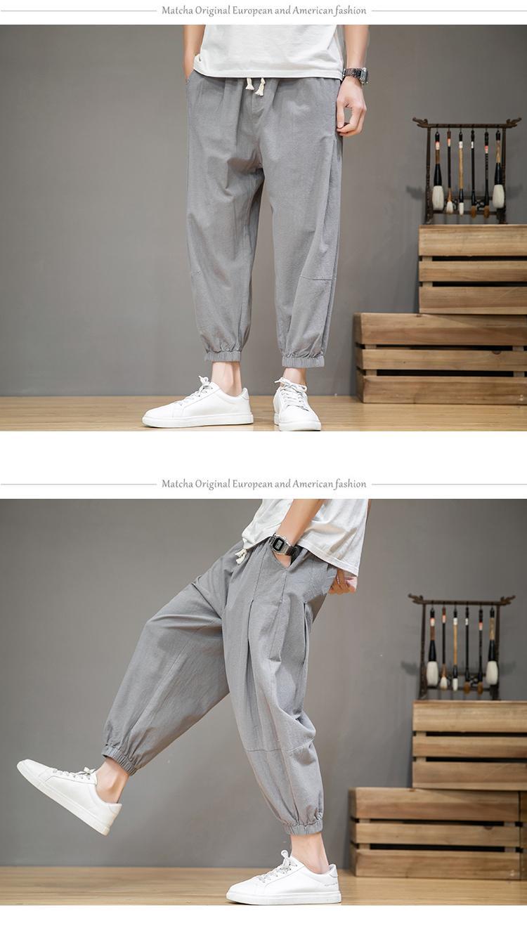 Pantalon lanterne en coton et lin de sport d'été à sept points, pantalon ample à la cheville Haren pour hommes_voghion.com
