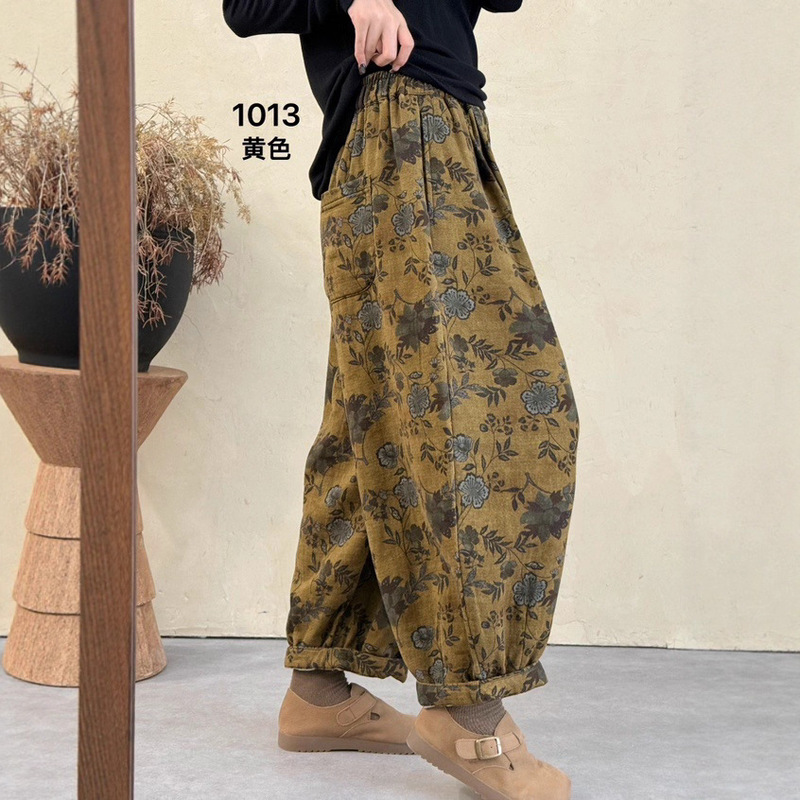 文艺复古斜纹棉印花松紧腰哈伦裤女2025秋新款宽松大码长裤 1013|undefined