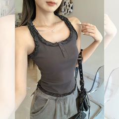 韩系灰色木耳边小吊带背心女2025年新款独特设计感显瘦无袖上衣女